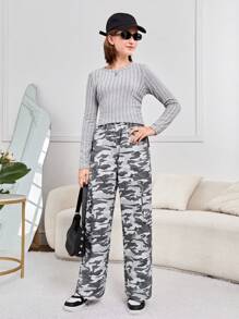 SHEIN Teen Girl Solid Tee & Camo Print Wide Leg Pants - Light Grey - View 4