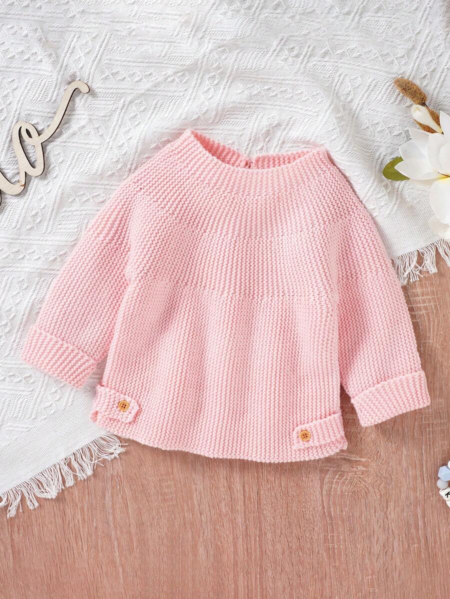 Baby Girl Solid Button Detail Sweater - Pink - View 1