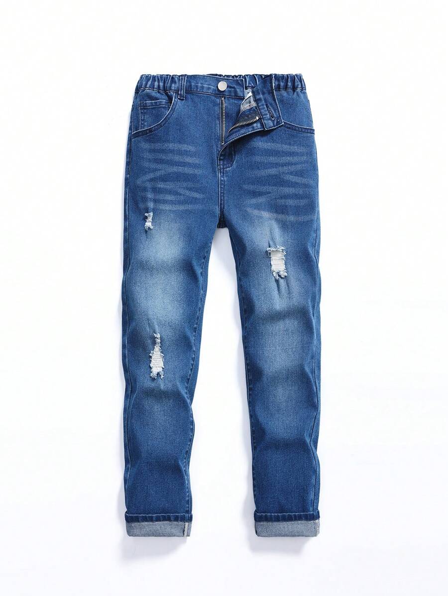 Jeans casuales para niño preadolescente con lavado y desgaste en forma de bigote de gato - Azul lavado oscuro - Ver 1