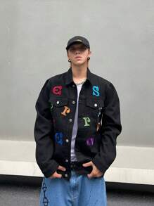 Manfinity Roghcode Men Letter Graphic Flap Pocket Denim Jacket - Black - View 4