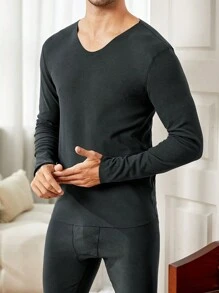 Men Solid V Neck Thermal Underwear Set - Dark Grey - View 4