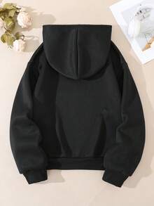 SHEIN EZwear Bộ xương & Đồ họa Chữ cái Dây rút Lót nhiệt Hoodie - màu đen - Xem 2