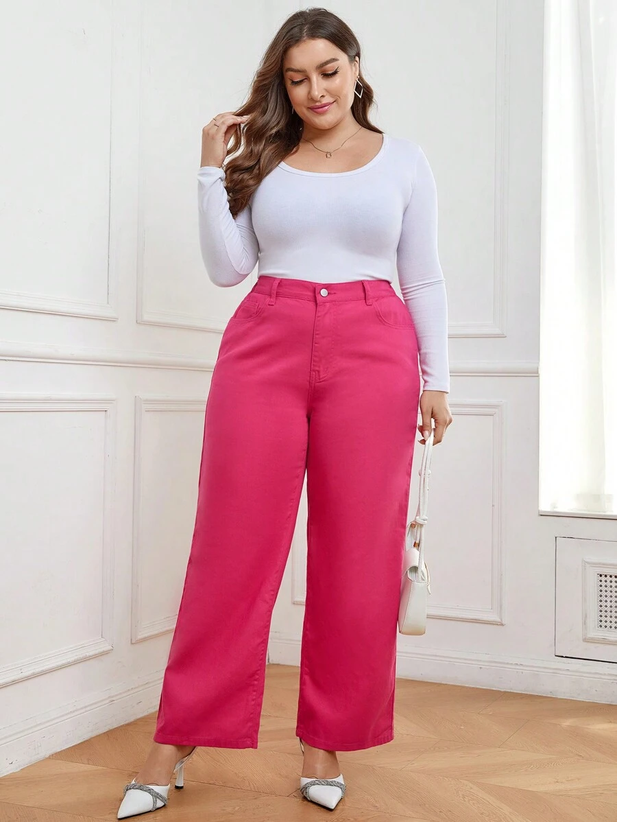 SHEIN LUNE Plus High Waist Wide Leg Jeans - Hot Pink - View 1
