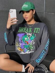 SHEIN EZwear 大碼字母和卡通圖案落肩袖運動衫 - 深灰色 - 查看 1