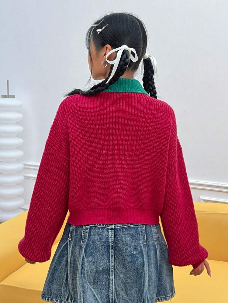 Contrast Collar Drop Shoulder Cardigan