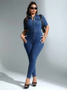 SHEIN ICON Hơn Nút phía trước Túi có nắp Áo liền quần Denim Áo liền quần - Màu xanh lam - Xem 1