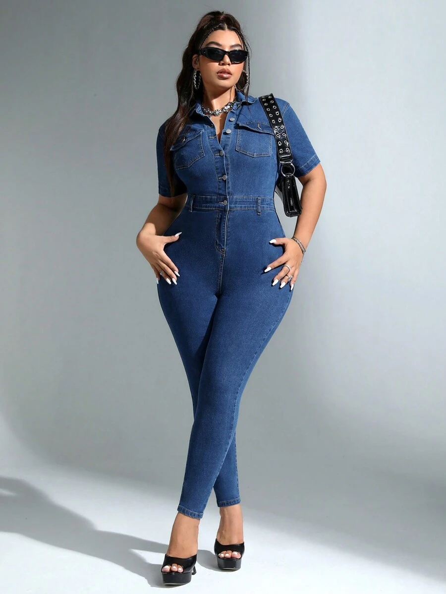 SHEIN ICON Hơn Nút phía trước Túi có nắp Áo liền quần Denim Áo liền quần - Màu xanh lam - Xem 1