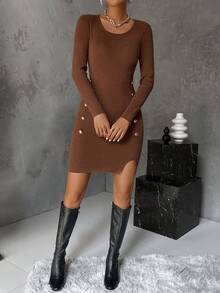 SHEIN Privé 紐扣細節下擺開叉緊身毛衣洋裝 - 棕色 - 查看 3