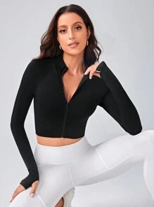 Easithlete 開襟拉鍊運動上衣,黑色短版上衣 - 黑色 - 查看 1