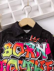 SHEIN Young Boy Letter Graphic Shirt & Sweatpants - Black - View 4