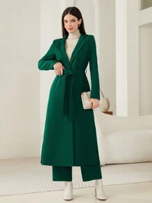 Mulvari Open Front Longline Blazer & Wide Leg Pants - Dark Green - View 3