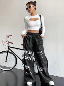 StreetHx Star & Letter Graphic Drawstring Hem Wide Leg Pants Fall Cloth For Women - Black - View 3