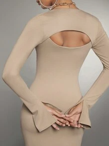 SHEIN BAE Square Neck Flare Sleeve Mermaid Hem Bodycon Dress - Khaki - View 2