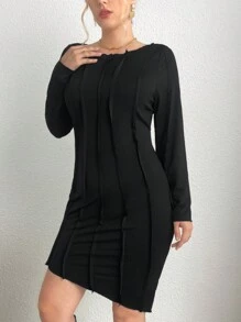 SHEIN Essnce 大碼接縫細節緊身洋裝 - 黑色 - 查看 5