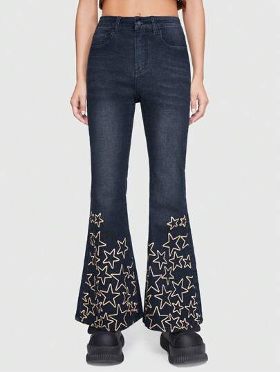 Grunge Punk Jean Évasé Imprimé Étoile