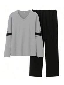 Men Striped Print Hooded PJ Set - Multicolor - View 3