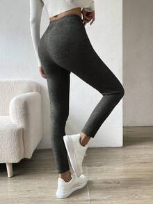 Chiquease Solid High Waist Thermal Leggings - Grey - View 2