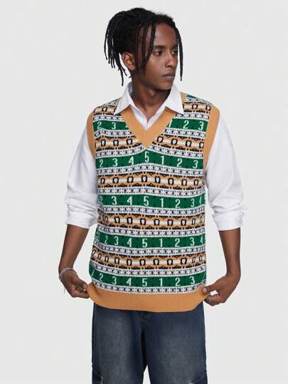 Prep Guys Letter & Geo Pattern Sweater Vest Without Shirt