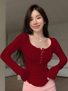 DAZY 纯色纽扣前部弧形下摆 T 恤，秋季服装长袖女式上衣 - 紅色 - 查看 3