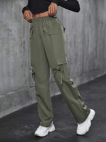 SHEIN Unity Pantalones cargo de mujer de unicolor casual con cordón en la cintura y bolsillo con solapa - Verde militar - Ver 6