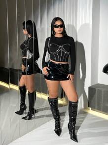 SHEIN ICON 大碼水鑽細節短款T恤 - 黑色 - 查看 3