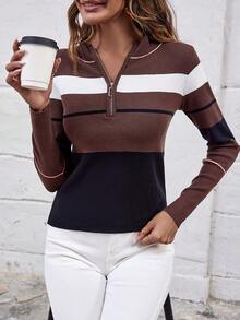 SHEIN Clasi 撞色半拉鏈套頭毛衣 - 彩色 - 查看 4