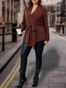 Franclia 大碼素色腰帶外套 - 咖啡棕 - 查看 3