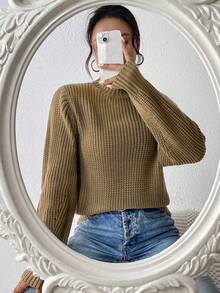 SHEIN Unity 小高領燈籠袖條紋針織套頭毛衣 - 卡其色 - 查看 5