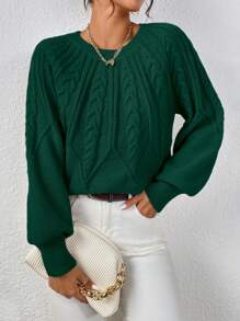 EMERY ROSE 粗针织灯笼袖毛衣、长袖上衣 - 墨綠色 - 查看 3