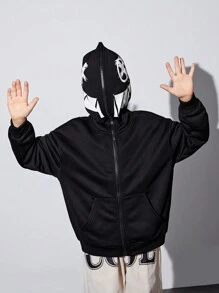 SHEIN 男童休闲宽松针织卫衣，印花图案，日常穿着 - 黑色 - 查看 1