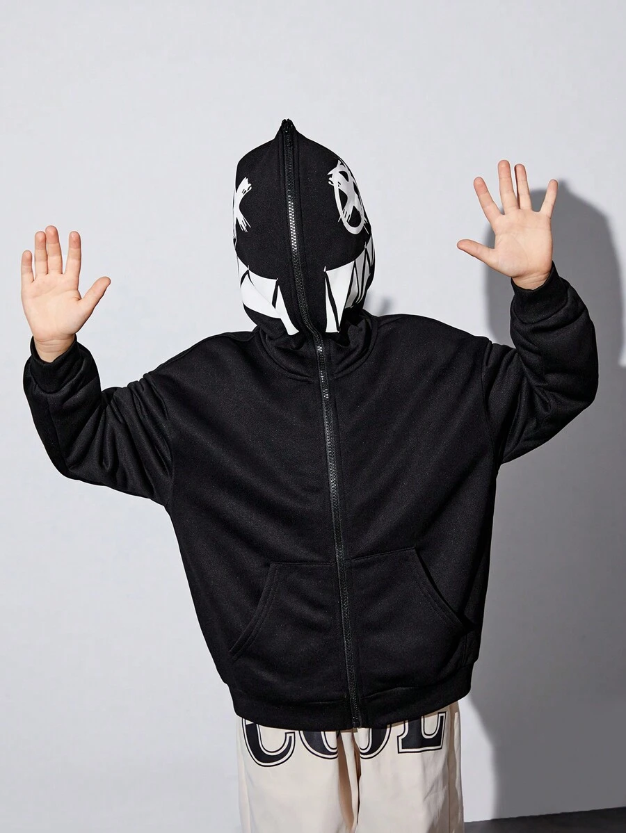 SHEIN 男童休闲宽松针织卫衣，印花图案，日常穿着 - 黑色 - 查看 1