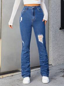 SHEIN ICON Jeans de pierna amplia de talle alto fruncido - Azul - Ver 5