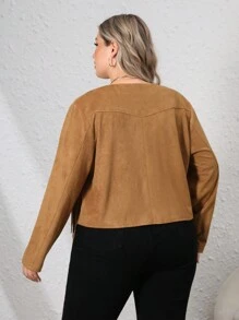 SHEIN LUNE جاكيت مقلم كشكش أزرار أمامية مقاس كبير - بني - مشاهدة 2