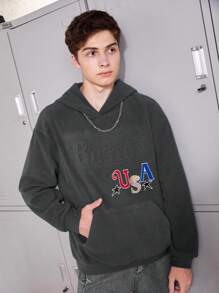 SHEIN 青少年男孩字母图案袋鼠口袋落肩卫衣 - 深灰色 - 查看 5