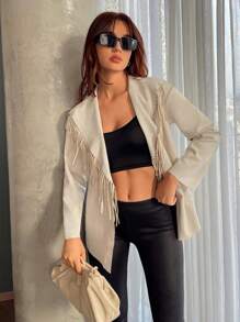 SHEIN Privé Fringe Trim Waterfall Collar Fringe Trim Open Front Coat - Khaki - View 3