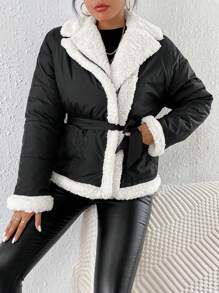 SHEIN Frenchy Teddy Lined Belted Padded Coat - Black and White - View 1