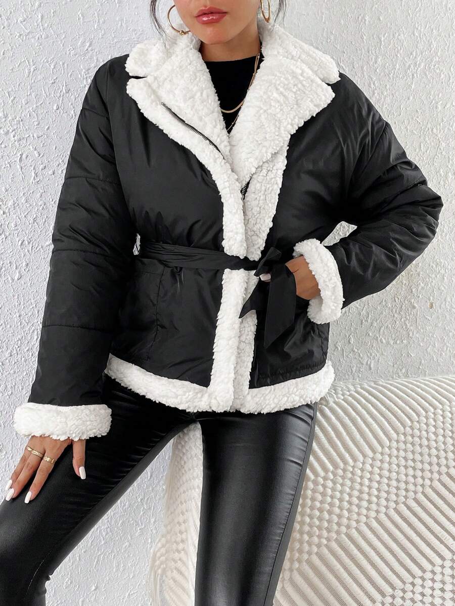 SHEIN Frenchy Teddy Lined Belted Padded Coat - Black and White - View 1
