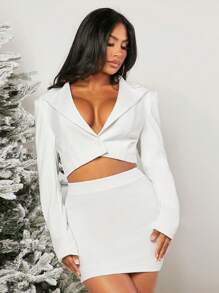 SHEIN SXY Lapel Neck Crop Blazer & Bodycon Skirt Party outfit 
New years eve outfit Sexy outfit Christmas - White - View 5