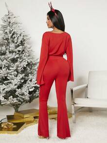 SHEIN SXY Áo croptop tay loe trơn màu, thích hợp cho tiệc đêm giao thừa, Giáng sinh. - Đỏ - Xem 2
