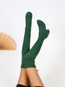 Knee-high Chunky Heel Solid Color Women's Boots - Green - View 2