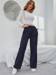 INAWLY Solid Drawstring Waist Slant Pocket Sweatpants Graduation,Back To School Outfits,Graduation,Teacher Outfits For Women,Back To School Fall Cloth For Women - Navy Blue - View 6