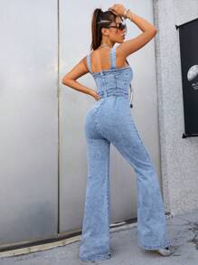 SHEIN ICON 前紐扣喇叭牛仔連身褲 - 藍色 - 查看 2