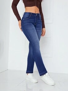 SHEIN Privé 斜口袋牛仔褲 - 深色水洗藍 - 查看 4