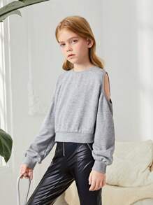 SHEIN Tween Girl Cold Shoulder Cut Out Back Pullover - Light Grey - View 3