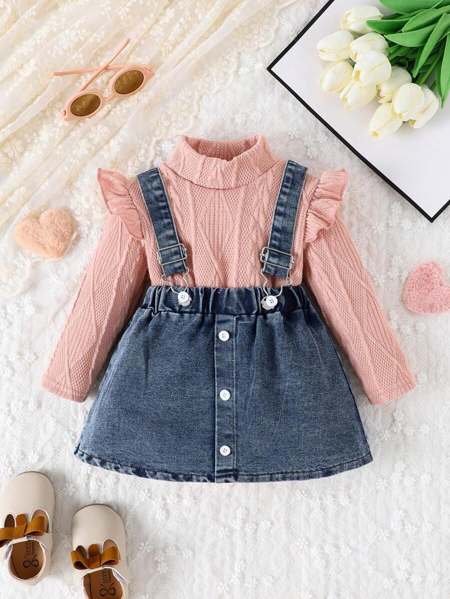 Baby Girl Ruffle Trim Mock Neck Tee & Denim Pinafore Skirt - Dusty Pink - View 1