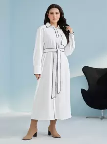 Seusyu Plus Contrast Binding Belted Shirt Dress - White - View 2