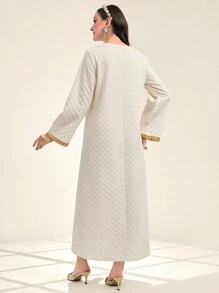 Al Najma Contrast Trim Tassel Detail Dress, Modest - Apricot - View 2