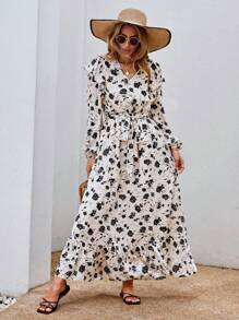 SHEIN VCAY Vestido con cinturón con estampado floral ribete con fruncido - Multicolor - Ver 4