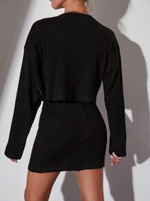 EURMUSE Waterfall Collar Drop Shoulder Jacket & Bodycon Skirt - Black - View 2