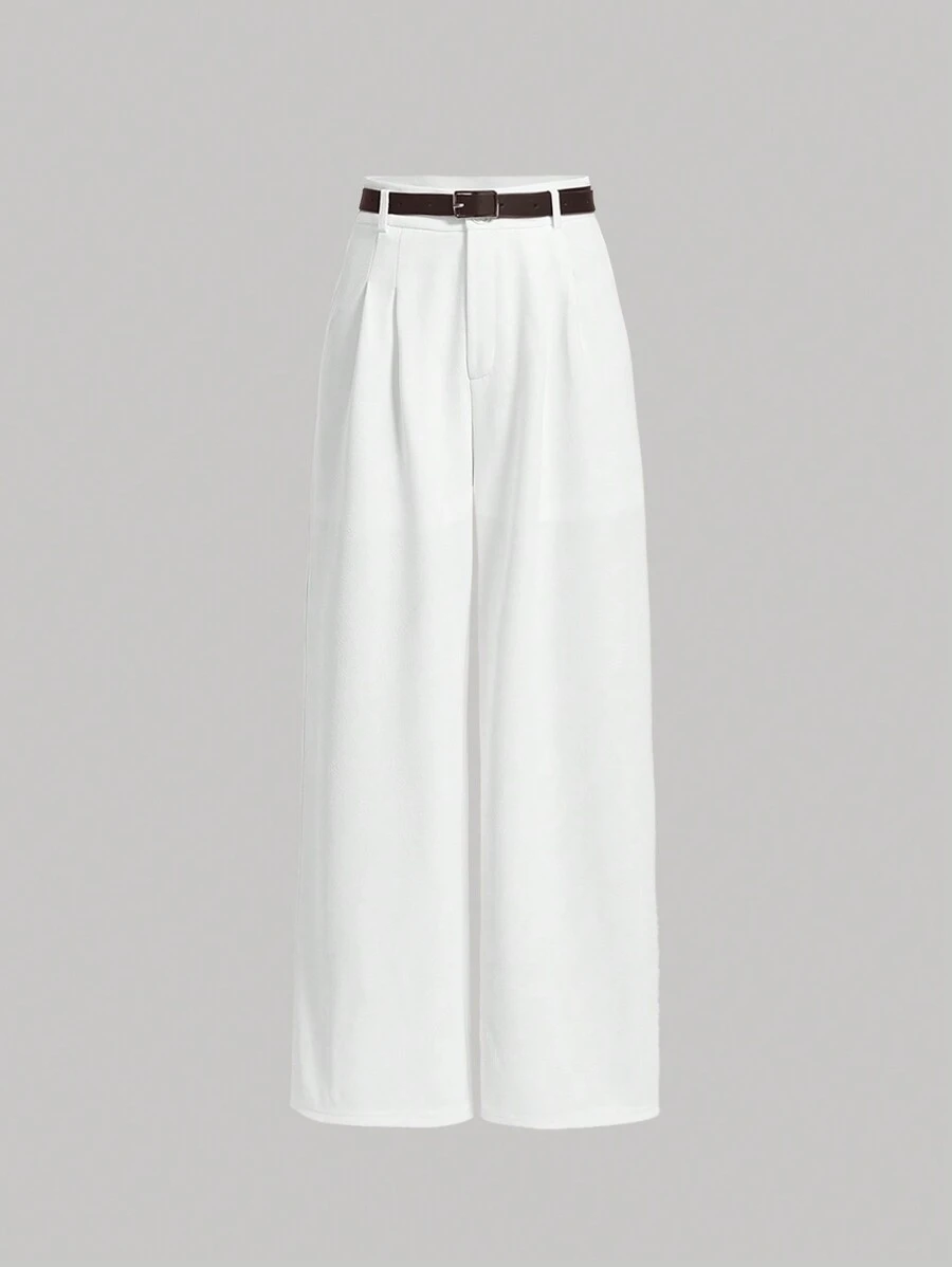 SHEIN MOD 高腰 腰部褶皱 褶皱细节 直腿 系腰带 连衣裙 裤子 配腰带 - 白色 - 查看 1